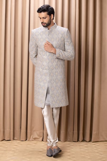 Buy_Ankit V Kapoor_Grey Silk, Cotton Cut Work, Sequins Shah Embroidered Sherwani Set With Stole _Online_at_Aza_Fashions