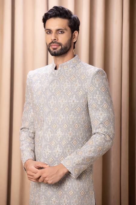 Shop_Ankit V Kapoor_Grey Silk, Cotton Cut Work, Sequins Shah Embroidered Sherwani Set With Stole _Online_at_Aza_Fashions