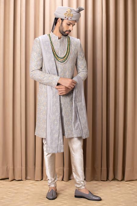 Ankit V Kapoor_Grey Silk, Cotton Cut Work, Sequins Shah Embroidered Sherwani Set With Stole _at_Aza_Fashions