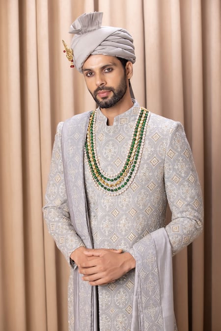 Buy_Ankit V Kapoor_Grey Silk, Cotton Cut Work, Sequins Shah Embroidered Sherwani Set With Stole 