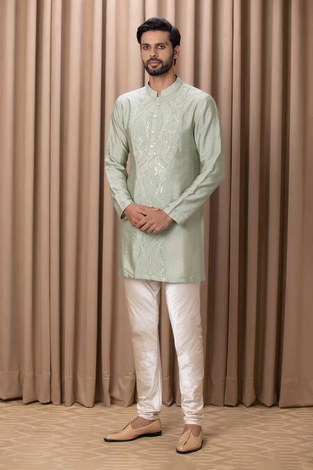 Ankit V Kapoor Green Cotton, Silk, Georgette Embroidery, Mirrors Mint Thread Bundi Kurta Set Online at Aza Fashions Ankit V Kapoor_Green Cotton, Silk, Georgette Embroidery, Mirrors Mint Thread Bundi Kurta Set _Online_at_Aza_Fashions