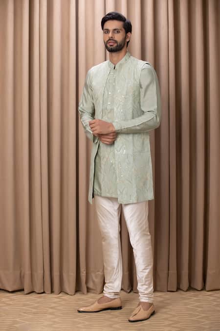 Buy Ankit V Kapoor Green Cotton, Silk, Georgette Embroidery, Mirrors Mint Thread Bundi Kurta Set Online at Aza Fashions Buy_Ankit V Kapoor_Green Cotton, Silk, Georgette Embroidery, Mirrors Mint Thread Bundi Kurta Set _Online_at_Aza_Fashions