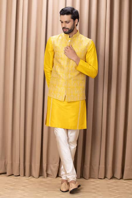 Ankit V Kapoor_Yellow Cotton, Silk Embroidery Floral Mustard Bundi And Kurta Set _Online_at_Aza_Fashions