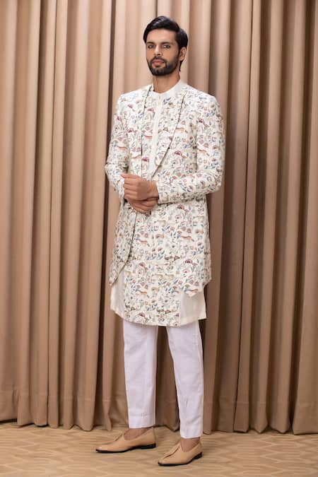 Ankit V Kapoor Off White Cotton, Silk Embroidery Amaani Floral Botanical Print Jacket Kurta Set at Aza Fashions Ankit V Kapoor_Off White Cotton, Silk Embroidery Amaani Floral Botanical Print Jacket Kurta Set _at_Aza_Fashions