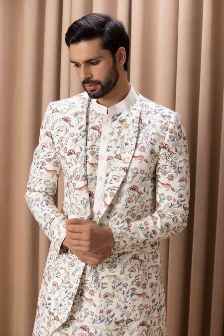 Shop Ankit V Kapoor Off White Cotton, Silk Embroidery Amaani Floral Botanical Print Jacket Kurta Set Shop_Ankit V Kapoor_Off White Cotton, Silk Embroidery Amaani Floral Botanical Print Jacket Kurta Set