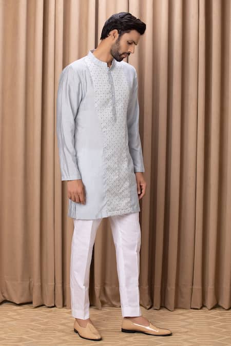 Shop Ankit V Kapoor Blue Jacquard, Cotton Embroidery Faizal Textured Jacket Kurta Set Online at Aza Fashions Shop_Ankit V Kapoor_Blue Jacquard, Cotton Embroidery Faizal Textured Jacket Kurta Set _Online_at_Aza_Fashions