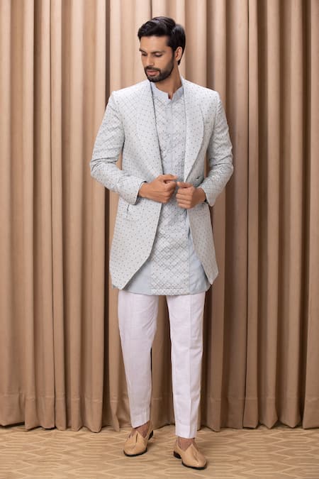 Buy Ankit V Kapoor Blue Jacquard, Cotton Embroidery Faizal Textured Jacket Kurta Set Buy_Ankit V Kapoor_Blue Jacquard, Cotton Embroidery Faizal Textured Jacket Kurta Set