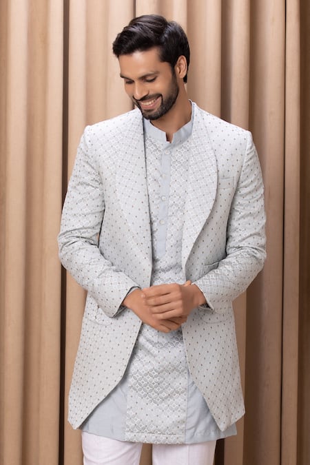 Shop Ankit V Kapoor Blue Jacquard, Cotton Embroidery Faizal Textured Jacket Kurta Set Shop_Ankit V Kapoor_Blue Jacquard, Cotton Embroidery Faizal Textured Jacket Kurta Set