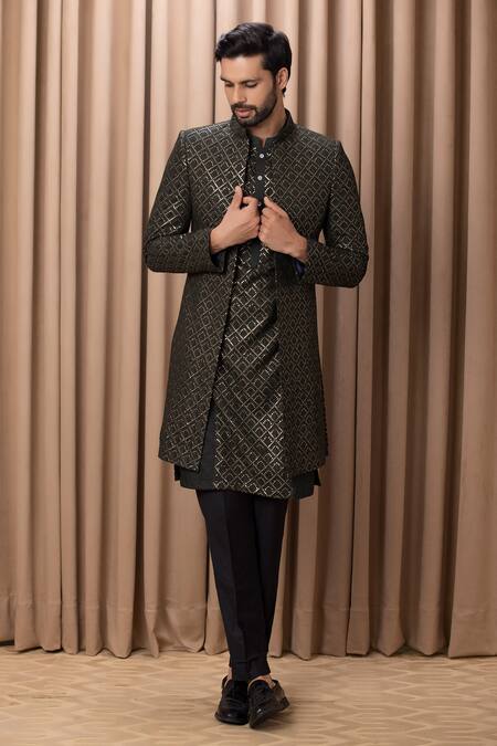 Shop_Ankit V Kapoor_Green Georgette, Cotton Embroidery Ranjha Jacket With Kurta Set 