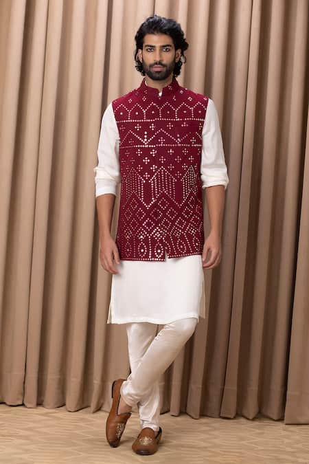 Ankit V Kapoor_Wine Cotton, Silk, Georgette Mirrors, Embroidery Geometric Bundi Set _Online_at_Aza_Fashions