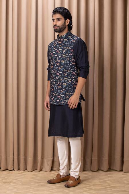 Ankit V Kapoor_Blue Cotton, Silk Embroidery Floral Digital Print Bundi And Kurta Set _Online_at_Aza_Fashions
