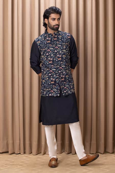 Buy_Ankit V Kapoor_Blue Cotton, Silk Embroidery Floral Digital Print Bundi And Kurta Set _Online_at_Aza_Fashions