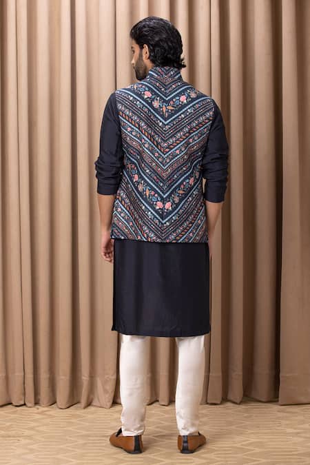 Ankit V Kapoor Navy Blue Floral Digital Print Bundi Set 