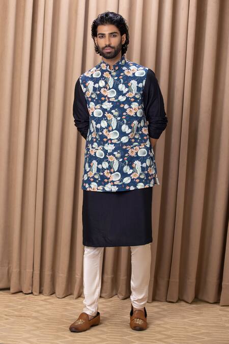 Ankit V Kapoor_Blue Cotton, Silk Lotus Digital Print Bundi And Kurta Set _Online_at_Aza_Fashions