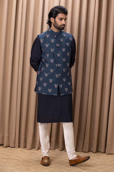 Ankit V Kapoor Blue Cotton, Silk Embroidery Navy Flower Digital Print Bundi Set Online at Aza Fashions Ankit V Kapoor_Blue Cotton, Silk Embroidery Navy Flower Digital Print Bundi Set _Online_at_Aza_Fashions