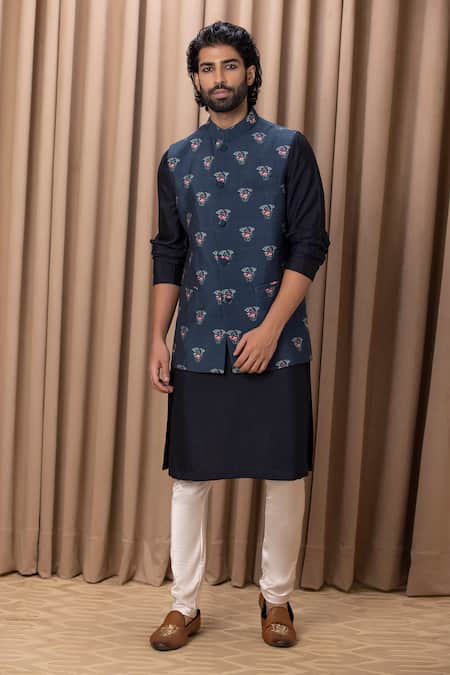 Buy Ankit V Kapoor Blue Cotton, Silk Embroidery Navy Flower Digital Print Bundi Set Online at Aza Fashions Buy_Ankit V Kapoor_Blue Cotton, Silk Embroidery Navy Flower Digital Print Bundi Set _Online_at_Aza_Fashions