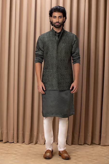 Ankit V Kapoor Green Cotton, Silk, Georgette Embroidery Olive Thread Bundi Set Online at Aza Fashions Ankit V Kapoor_Green Cotton, Silk, Georgette Embroidery Olive Thread Bundi Set _Online_at_Aza_Fashions