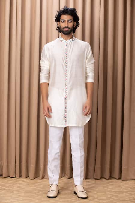 Ankit V Kapoor Off White Cotton, Silk Embroidery Lakeer Floral Print Jacket And Kurta Set Online at Aza Fashions Ankit V Kapoor_Off White Cotton, Silk Embroidery Lakeer Floral Print Jacket And Kurta Set _Online_at_Aza_Fashions