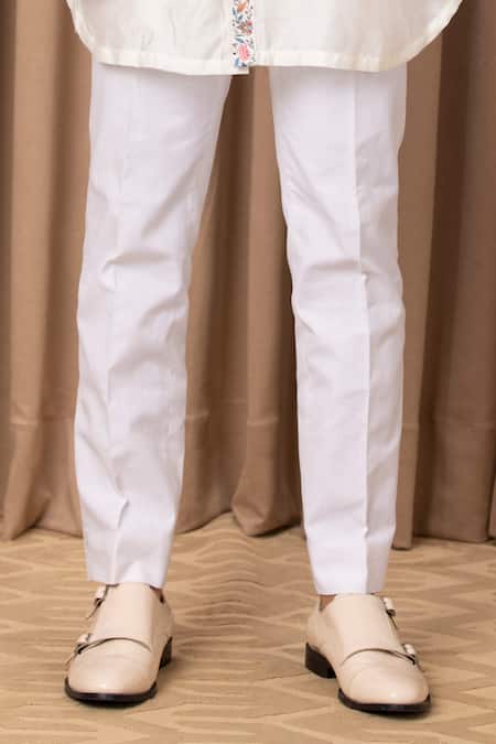 Ankit V Kapoor_Ivory Cotton, Silk Embroidery Lakeer Floral Print Short Kurta Set _Online_at_Aza_Fashions