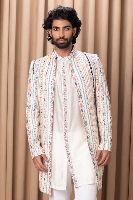Buy Ankit V Kapoor Off White Cotton, Silk Embroidery Lakeer Floral Print Jacket And Kurta Set Buy_Ankit V Kapoor_Off White Cotton, Silk Embroidery Lakeer Floral Print Jacket And Kurta Set