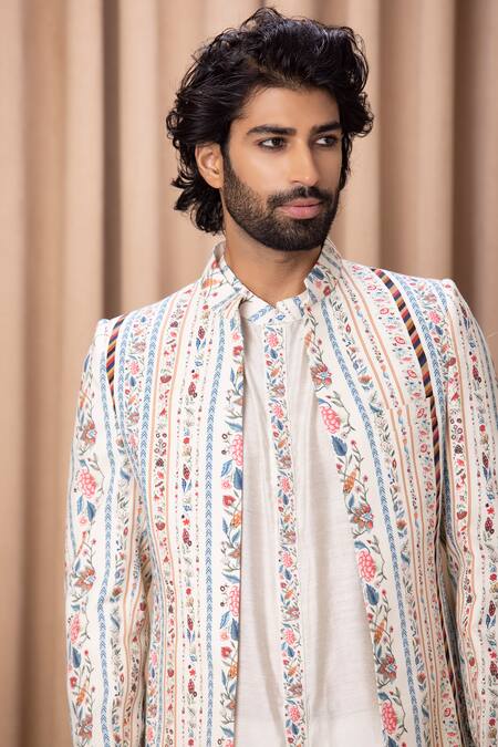 Shop Ankit V Kapoor Off White Cotton, Silk Embroidery Lakeer Floral Print Jacket And Kurta Set Shop_Ankit V Kapoor_Off White Cotton, Silk Embroidery Lakeer Floral Print Jacket And Kurta Set