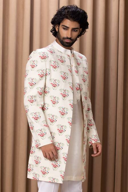 Shop Ankit V Kapoor Off White Cotton, Silk Embroidery Noor Floral Print Jacket And Kurta Set Shop_Ankit V Kapoor_Off White Cotton, Silk Embroidery Noor Floral Print Jacket And Kurta Set