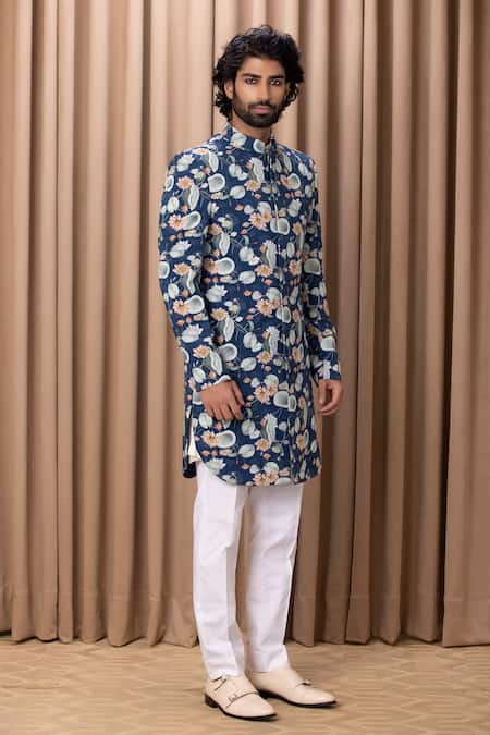 Buy Ankit V Kapoor Blue Cotton, Silk Kamal Printed Jacket Kurta With Trouser Set Online at Aza Fashions Buy_Ankit V Kapoor_Blue Cotton, Silk Kamal Printed Jacket Kurta With Trouser Set _Online_at_Aza_Fashions