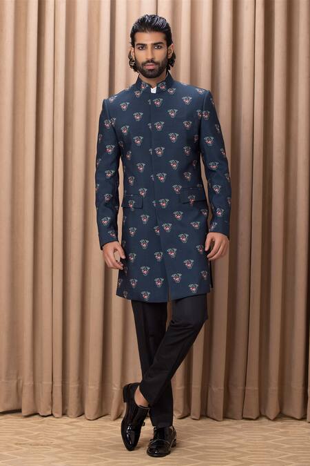Ankit V Kapoor_Blue Cotton, Silk Embroidery Noor Floral Print Jacket Kurta With Trouser Set _Online_at_Aza_Fashions
