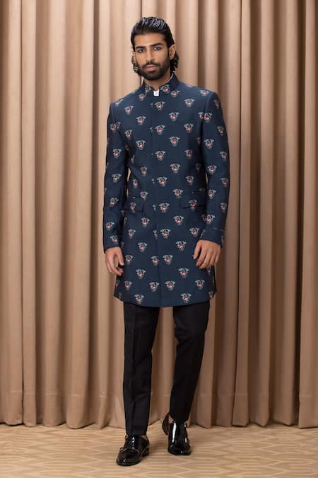 Buy_Ankit V Kapoor_Blue Cotton, Silk Embroidery Noor Floral Print Jacket Kurta With Trouser Set _Online_at_Aza_Fashions