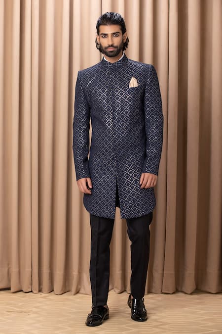 Ankit V Kapoor Blue Cotton, Georgette Embroidery Ranjha Jacket Kurta With Trouser Set Online at Aza Fashions Ankit V Kapoor_Blue Cotton, Georgette Embroidery Ranjha Jacket Kurta With Trouser Set _Online_at_Aza_Fashions