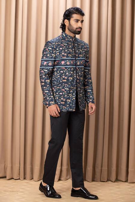 Buy_Ankit V Kapoor_Blue Cotton, Silk Amaani Botanical Print Bandhgala Set _Online_at_Aza_Fashions