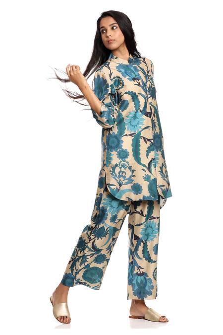 Abraham And Thakore Beige Chanderi Suzani Print Band Tunic Online at Aza Fashions Abraham And Thakore_Beige Chanderi Suzani Print Band Tunic_Online_at_Aza_Fashions