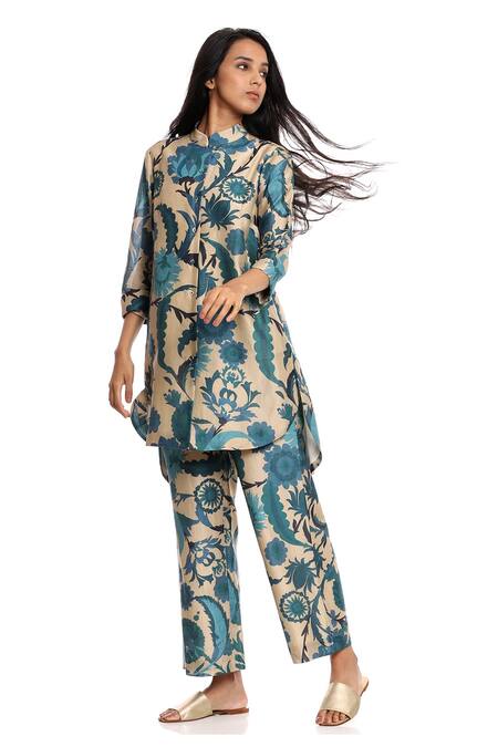 Buy Abraham And Thakore Beige Chanderi Suzani Print Band Tunic Online at Aza Fashions Buy_Abraham And Thakore_Beige Chanderi Suzani Print Band Tunic_Online_at_Aza_Fashions