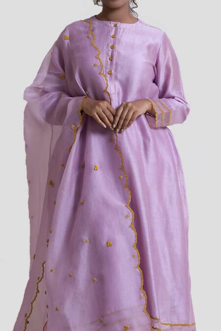 Shop_Brij_Purple Chanderi Silk, Spandex, Organza Embroidery, Applique A-line Kurta Set_Online_at_Aza_Fashions