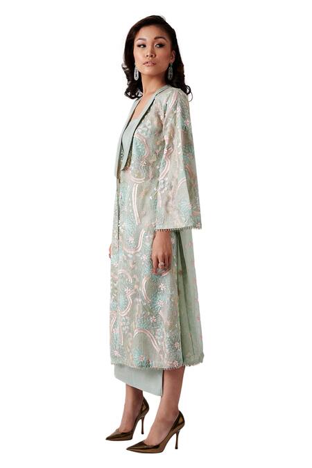 Amaare_Green Taffeta Embroidery Open Embellished Jacket And Skirt Set _Online_at_Aza_Fashions