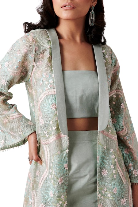 Buy_Amaare_Green Taffeta Embroidery Open Embellished Jacket And Skirt Set _Online_at_Aza_Fashions
