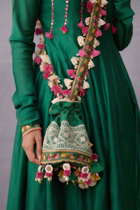 Torani Green Embroidery, Tassels Panna Mariyam Saddle Potli Online at Aza Fashions Torani_Green Embroidery, Tassels Panna Mariyam Saddle Potli _Online_at_Aza_Fashions