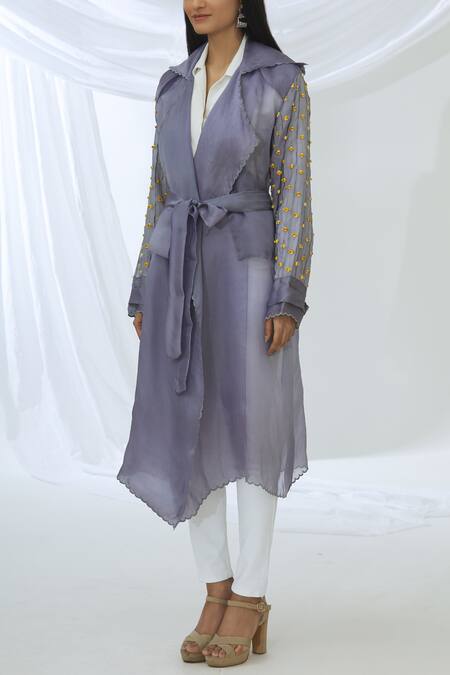 Shop_Archana Rao_Purple Lapel Collar Embellished Long Jacket  _Online_at_Aza_Fashions