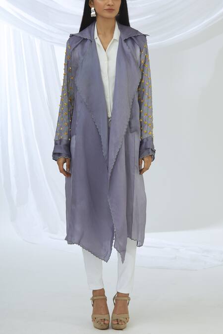Archana Rao_Purple Lapel Collar Embellished Long Jacket  _at_Aza_Fashions