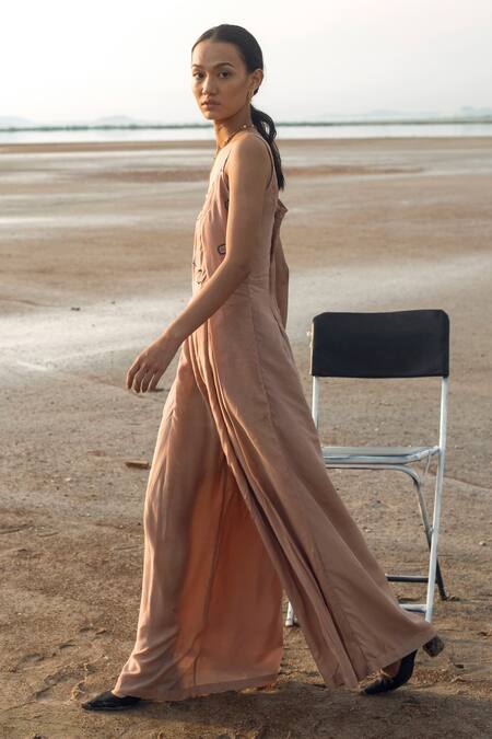 The Loom Art_Beige Cotton Silk Boat Embroidered Jumpsuit _Online_at_Aza_Fashions