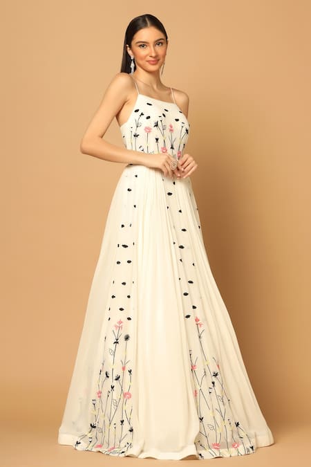 Shop_Two Sisters By Gyans_White Georgette Beads, Sequins Square Neck Floral Hand Embroidered Panelled Gown _Online_at_Aza_Fashions