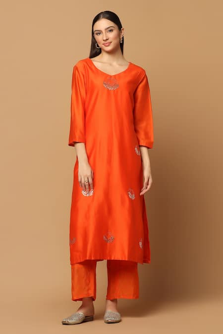 Two Sisters By Gyans Orange Cotton, Chanderi Mirrors V-neck Straight Kurta Set Online at Aza Fashions Two Sisters By Gyans_Orange Cotton, Chanderi Mirrors V-neck Straight Kurta Set _Online_at_Aza_Fashions