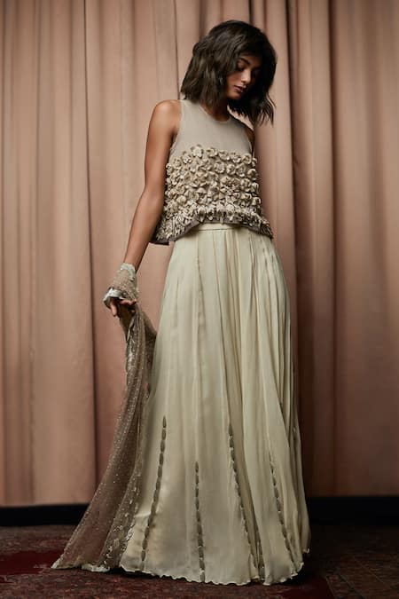 Nandita Thirani White Chiffon, Georgette Round Embroidered Top And Gharara Set 