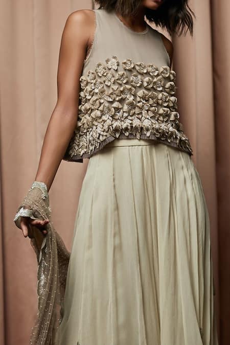 Shop Nandita Thirani White Chiffon, Georgette Round Embroidered Top And Gharara Set at Aza Fashions Shop_Nandita Thirani_White Chiffon, Georgette Round Embroidered Top And Gharara Set _at_Aza_Fashions