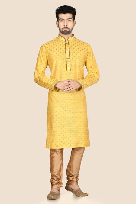 Aryavir Malhotra Yellow Kurta Santom  Churidar Dupion Embroidered Set