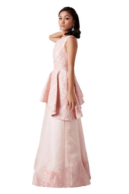 Shop Amaare Pink Taffeta Embroidery Asymmetric Embellished One Shoulder Lehenga Set at Aza Fashions Shop_Amaare_Pink Taffeta Embroidery Asymmetric Embellished One Shoulder Lehenga Set _at_Aza_Fashions