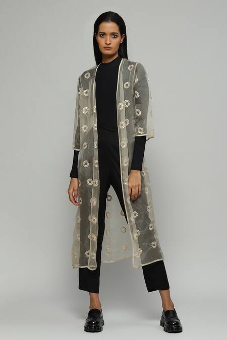 ABRAHAM AND THAKORE Beige Silk Organza Embroidered Sequin Work V Neck Jacket 