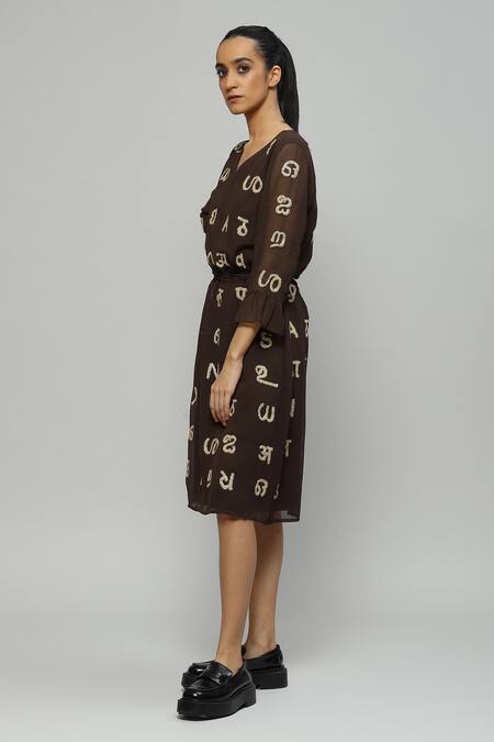 Abraham And Thakore Brown Relan Poly Georgette Bead And Sequin Work V Devanagari Embroidered Dress Online at Aza Fashions Abraham And Thakore_Brown Relan Poly Georgette Bead And Sequin Work V Devanagari Embroidered Dress_Online_at_Aza_Fashions