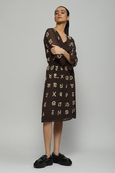 Buy Abraham And Thakore Brown Relan Poly Georgette Bead And Sequin Work V Devanagari Embroidered Dress Online at Aza Fashions Buy_Abraham And Thakore_Brown Relan Poly Georgette Bead And Sequin Work V Devanagari Embroidered Dress_Online_at_Aza_Fashions