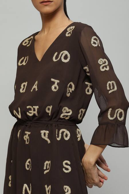 Shop Abraham And Thakore Brown Relan Poly Georgette Bead And Sequin Work V Devanagari Embroidered Dress Online at Aza Fashions Shop_Abraham And Thakore_Brown Relan Poly Georgette Bead And Sequin Work V Devanagari Embroidered Dress_Online_at_Aza_Fashions